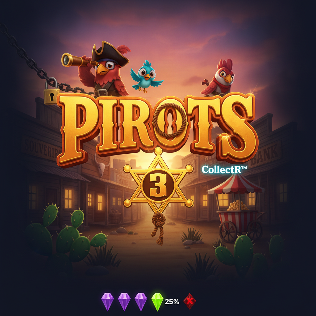 PIROTS 3 slot med färgglada fågelkaraktärer, guldstjärna med siffran 3, western-tema med TNT-lådor, kaktus och ökenlandskap vid solnedgång
