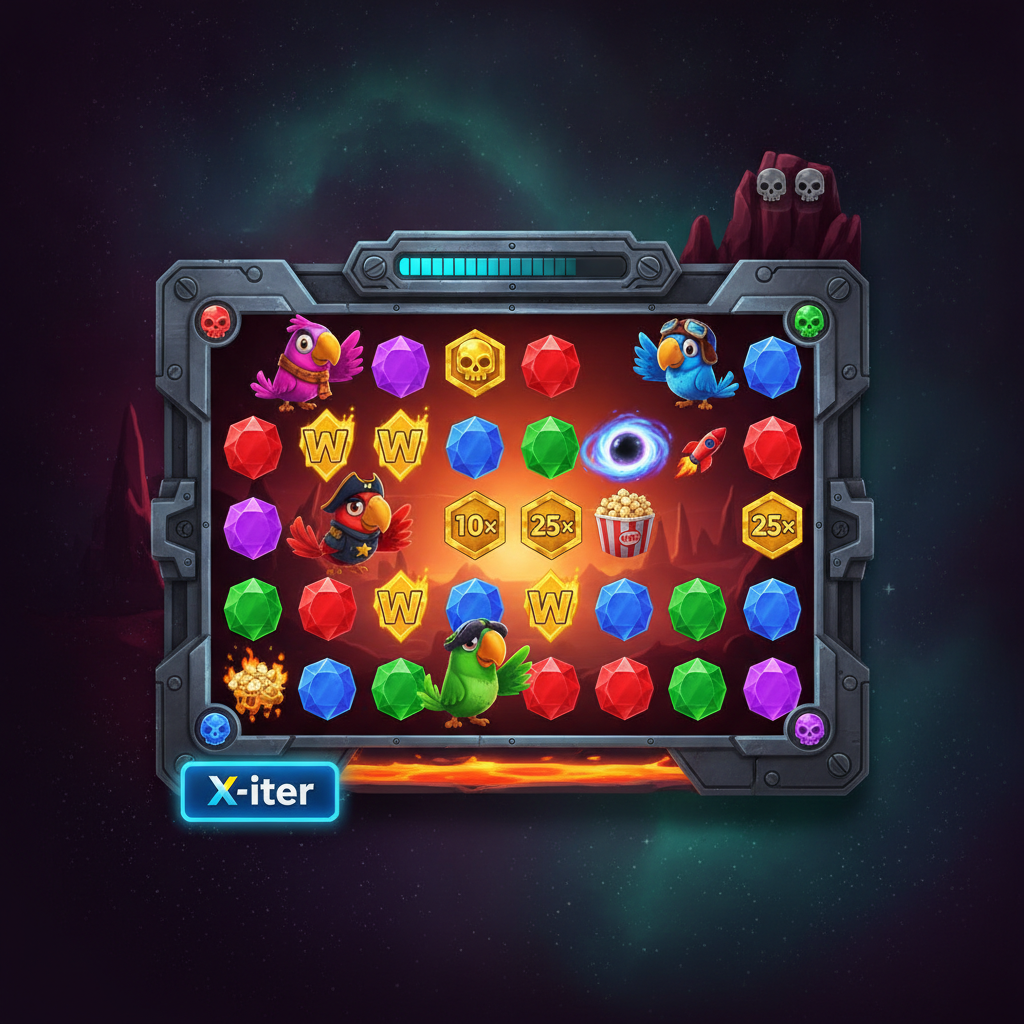 Pirots 4 CollectR slot från ELK Studios med rymdpiratagande papegojor i rymddräkter, guldskalle bonussymboler, Fire Minions robotar och eldiga myntsymboler på 6x6 spelrutnät