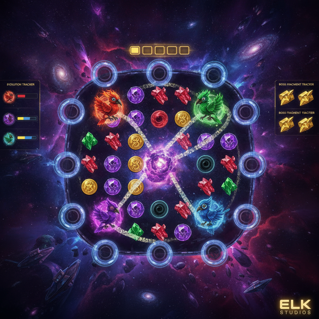 Pirots 5 The Rift of Eternity spelplan med fyra kronofalfåglar, kristaller och dimensionsportaler i ett kollapsande universum