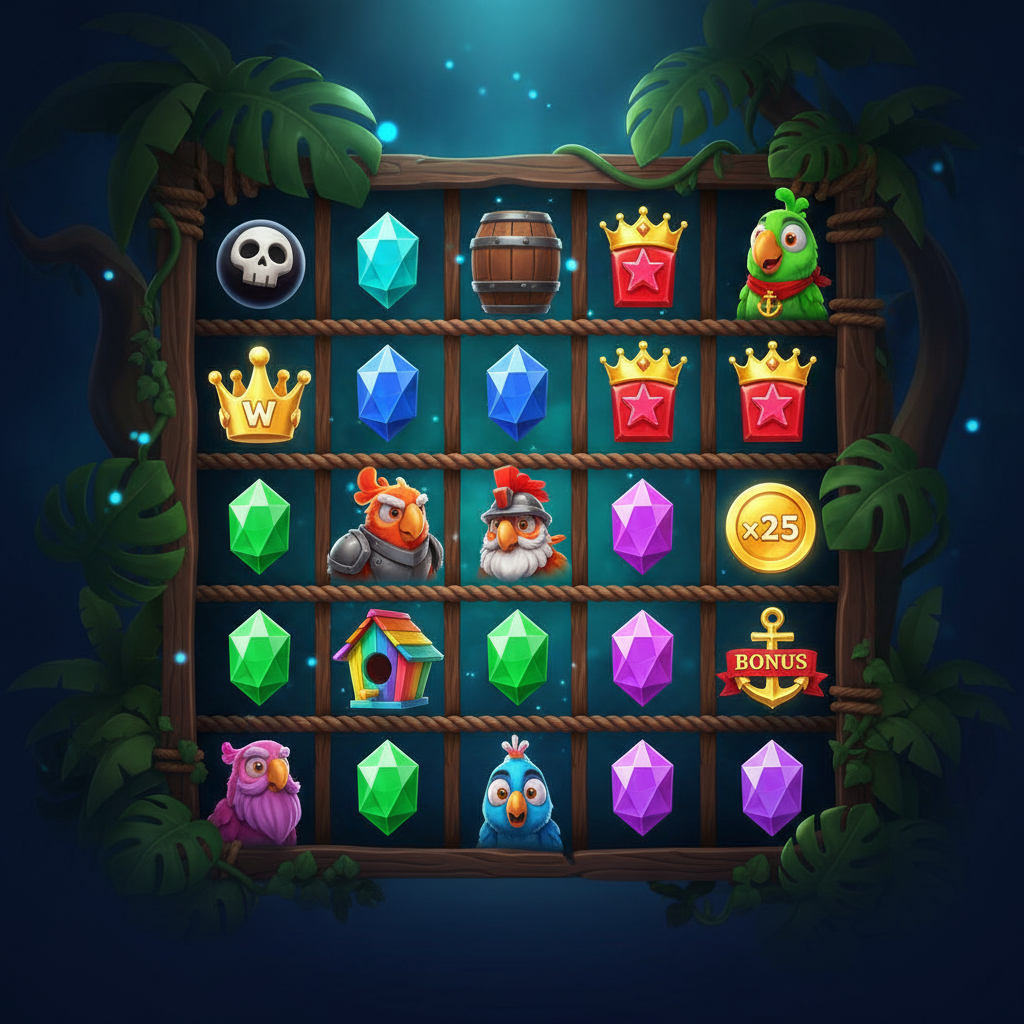Pirots slot med fyra färgglada papegojkaraktärer, kristallsymboler med kronor, gyllene ankare och tropisk piratmiljö på 5x5 rutnät